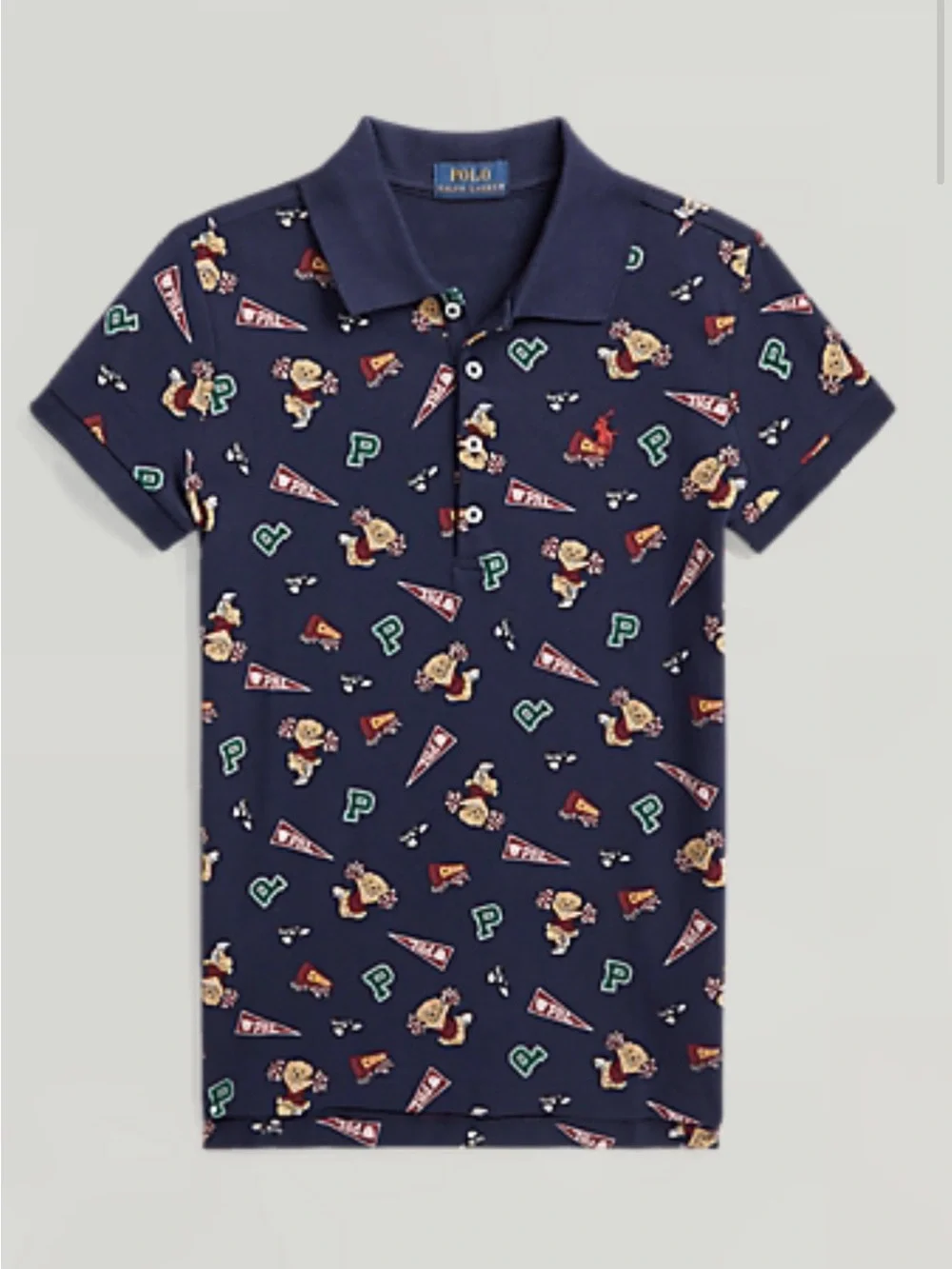 Ralph Lauren Navy Kids Polo with Cheer Bear and Pennant Print